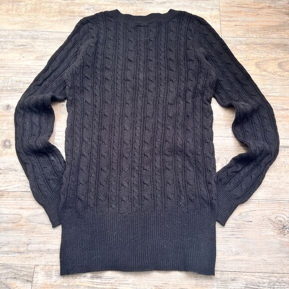 Y2K American Eagle Cable Knit Sweater Medium Black Fitted V Neck Preppy Vintage - Picture 2 of 9